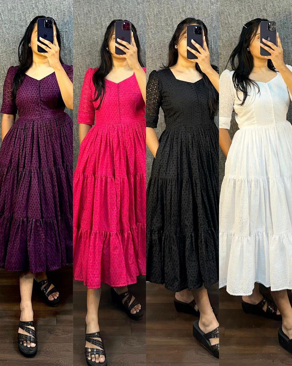 Four models showcasing black, white, hot pink, and purple Hakoba cotton tiered midi dresses from TRENDBUY.