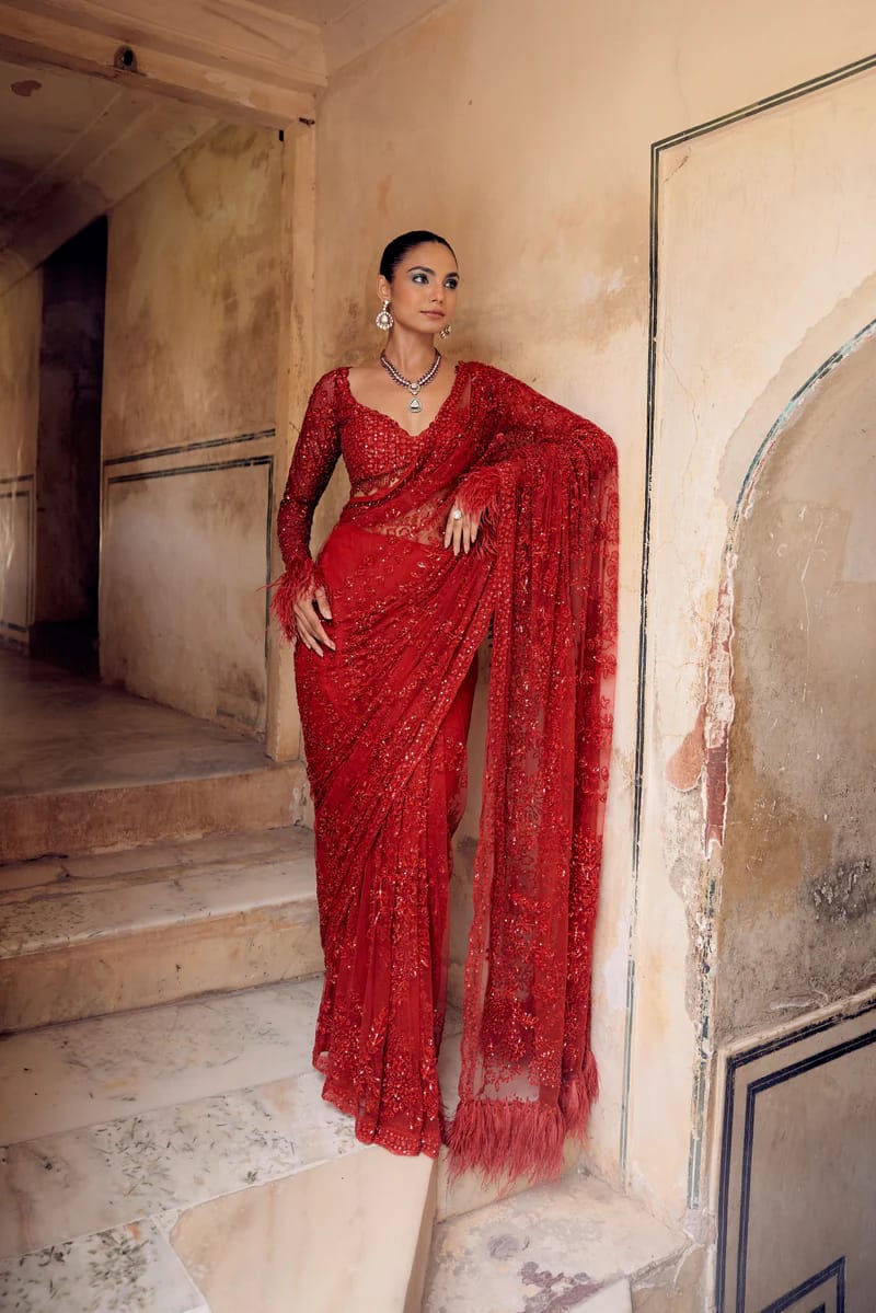 TRENDBUY Red Bollywood Sequin Saree with Heavy Embroidered Net Blouse