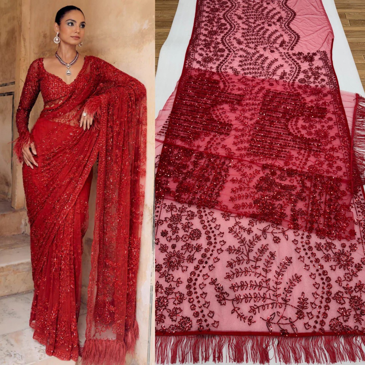 TRENDBUY Red Bollywood Sequin Saree with Heavy Embroidered Net Blouse