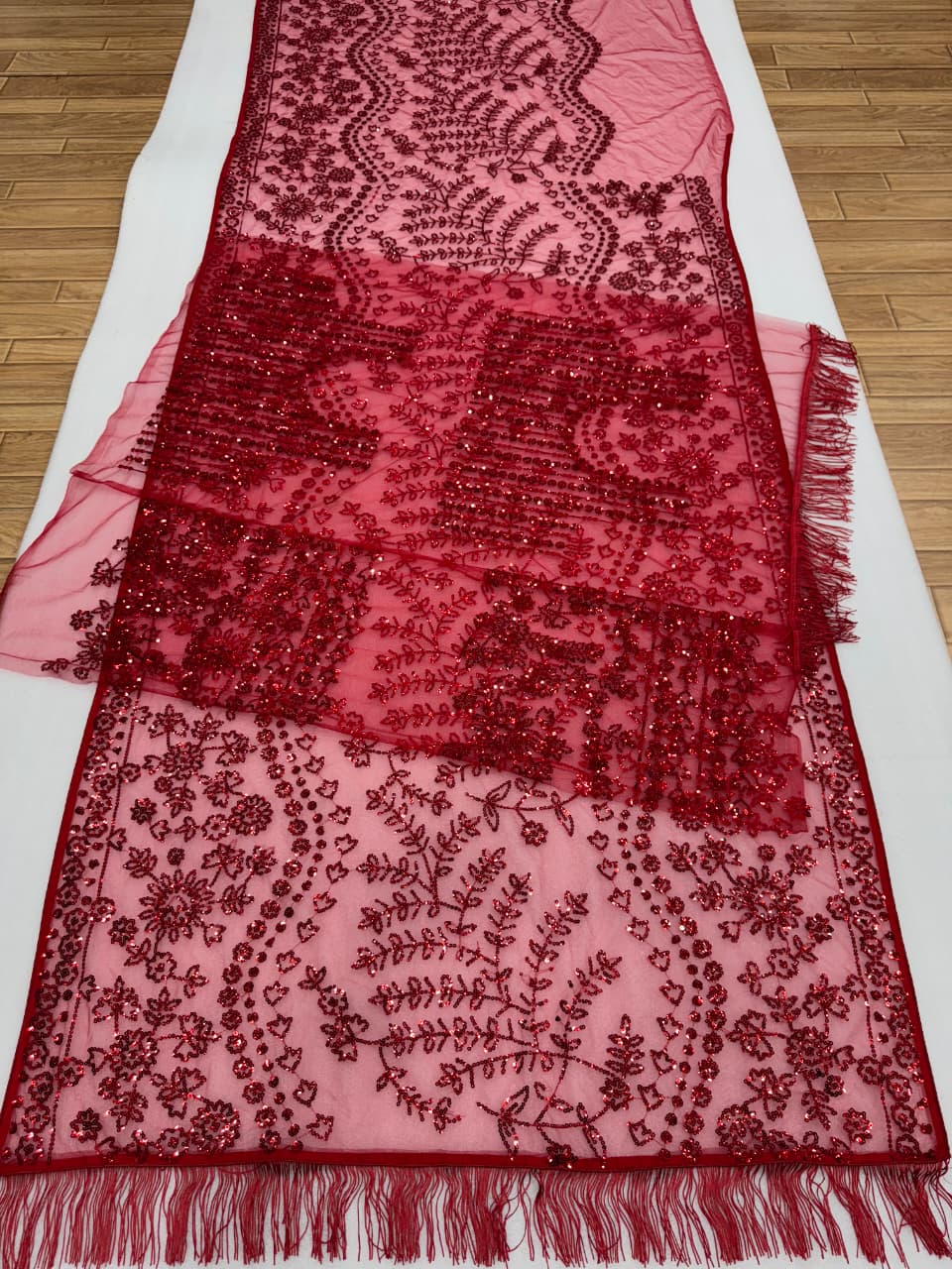 TRENDBUY Red Bollywood Sequin Saree with Heavy Embroidered Net Blouse