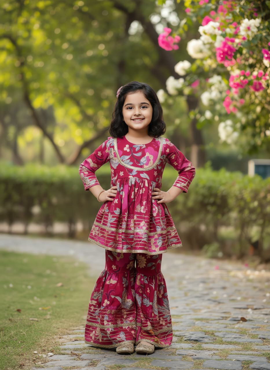 Happy young girl in a maroon floral print Kurta Kediya and Sharara set, posing outdoors in a garden path with lush greenery.