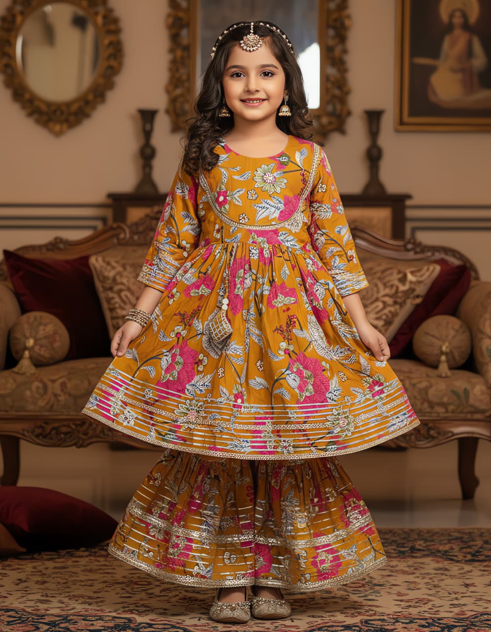 Adorable young girl smiling in a full view of a mustard yellow floral print Kurta Kediya and Sharara set, standing confidently indoors.