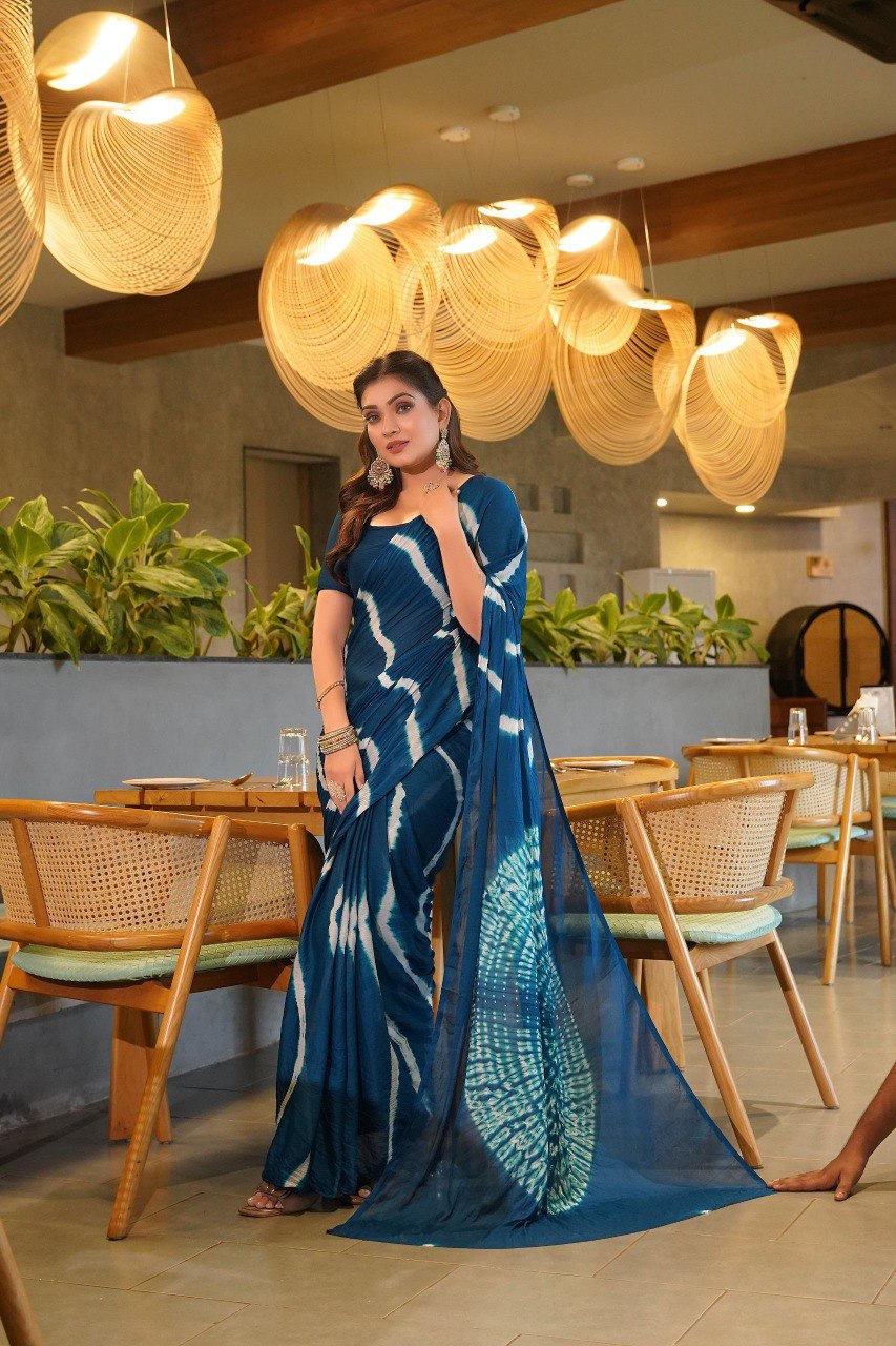 Full-length shot of TRENDBUY model in a captivating royal blue Pure Chinoon Hand Shibori Laheriya saree.