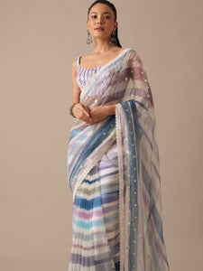 TRENDBUY Premium Georgette Multi-Striped Saree with Sequin & Cutwork Border & Unstitched Blouse