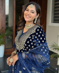 TRENDBUY Designer Blue Velvet Kurti Plazzo Set with Sequins & Zari Embroidery