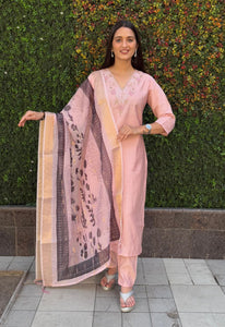 TRENDBUY Peach Roman Silk Handwork Kurti Pent Dupatta Set with Chanderi Jacquard Dupatta