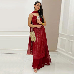 TRENDBUY Red Georgette Sleeveless Suit Set with Embroidery & Sequence Work