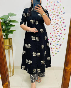 TRENDBUY Elegant Women's Cotton Digital Print Kurta & Palazzo Set - Lotus Motif Ethnic Wear
