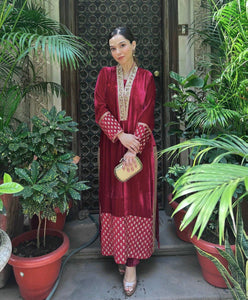TRENDBUY Luxurious Maroon Velvet Suit Set with 5mm Sequin Embroidery & Net Dupatta | Winter Collection