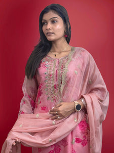 TRENDBUY Premium Kundan Organza Suit Set with Heavy Stone Mirror Handwork & Digital Print