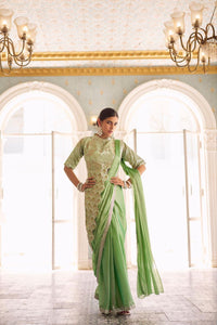 Ready to Wear Embroidered Chinon Saree with Stitched Blouse | TREND BUY