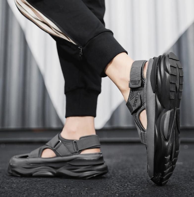 Person wearing black sandals with thick soles on a blurred background