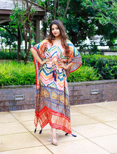 Elegant Satin Printed Kaftan with Lace & Latkan Detail | Free Size | TREND BUY