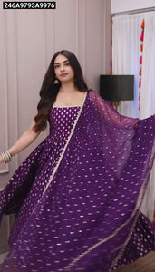 Elegant Golden Zari Butti Georgette Gown with Organza Dupatta | TREND BUY
