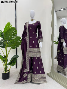 Elegant Chinon Silk Palazzo Suit with Thread & Sequence Work | TREND BUY