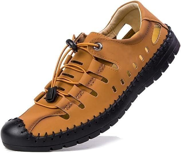Brown leather shoe with black sole on a white background