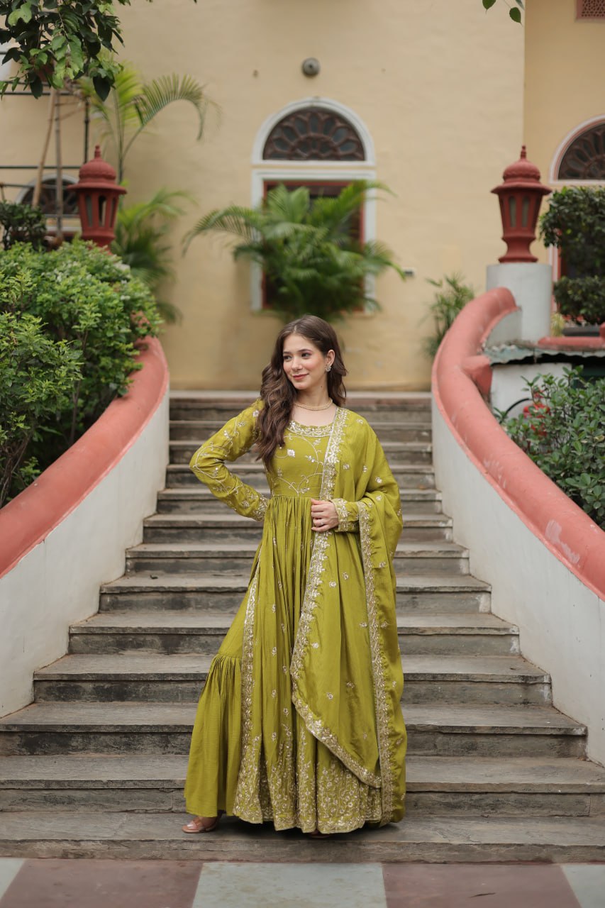 Parrot color designer three-piece Sharara suit with intricate embroidery details