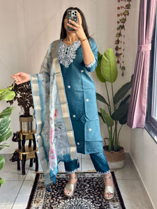 Roman Silk Kurti Pent Dupatta Set | Embroidery & Digital Print | TREND BUY