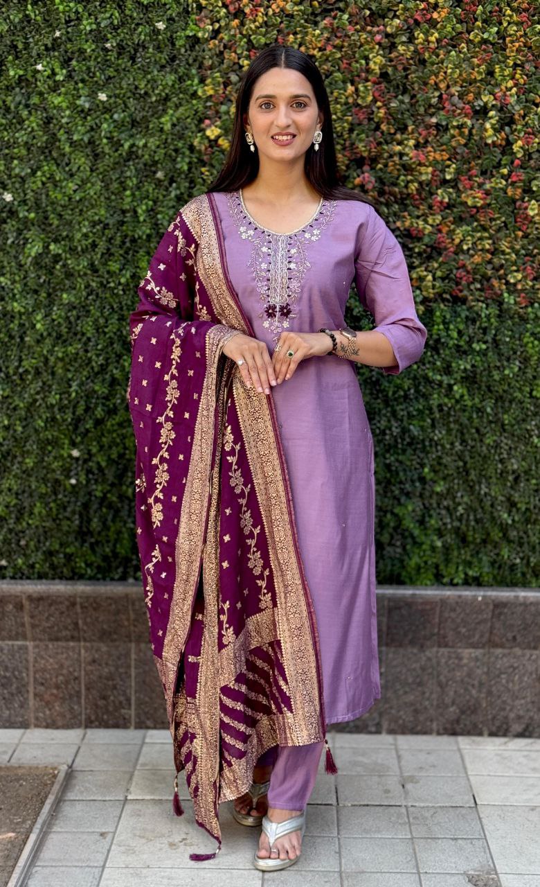 Lovender color partywear kurta, dupatta, and pant set for women