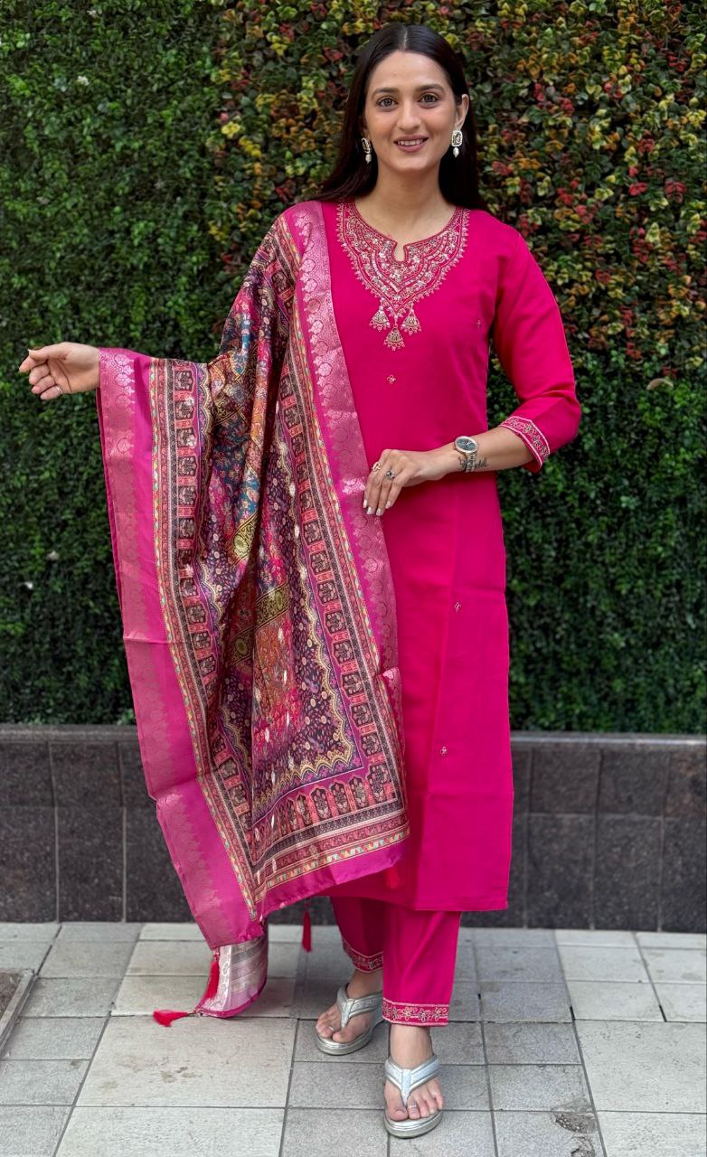 Pink Roman Silk Kurta Dupatta Set with Pants