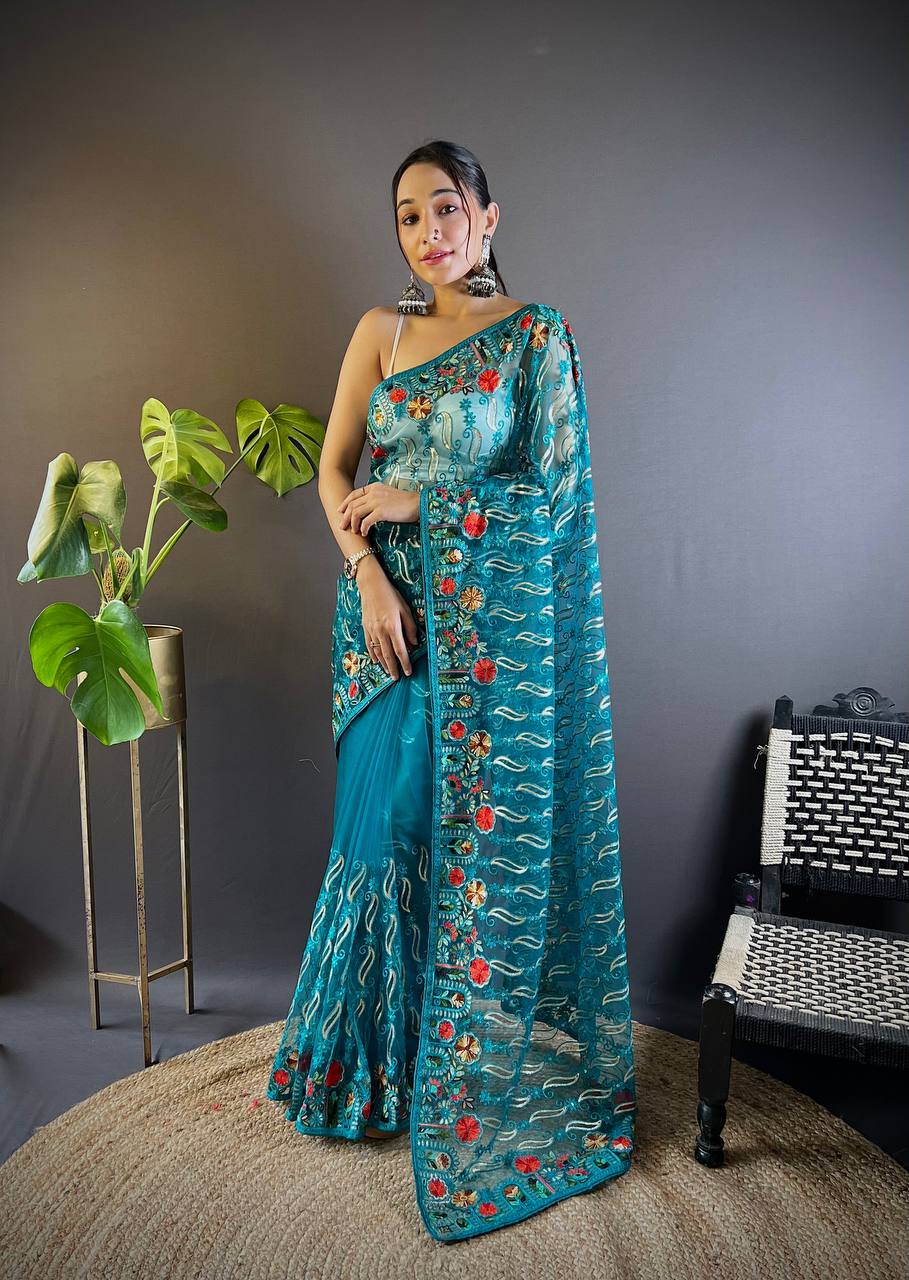 Bollywood designer saree featuring elegant chain stitch work