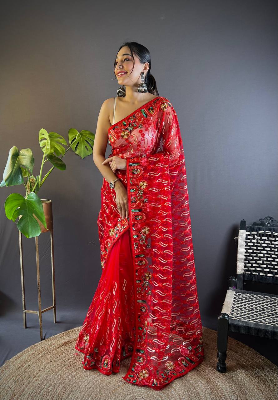 Partywear designer saree with intricate chain stitch work