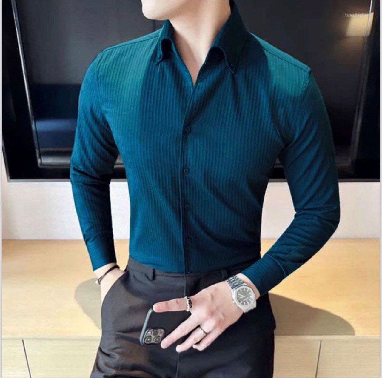 TRENDBUY men's dark teal ribbed cotton shirt, perfect for a versatile casual or semi-formal look