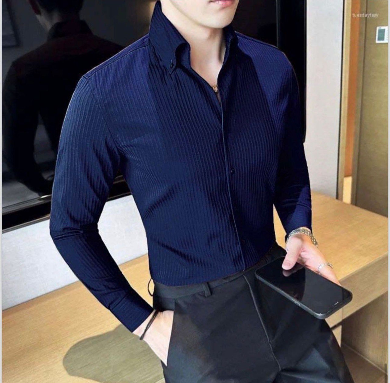 Men's navy blue ribbed casual full-sleeve shirt from TRENDBUY, exuding modern style and comfort