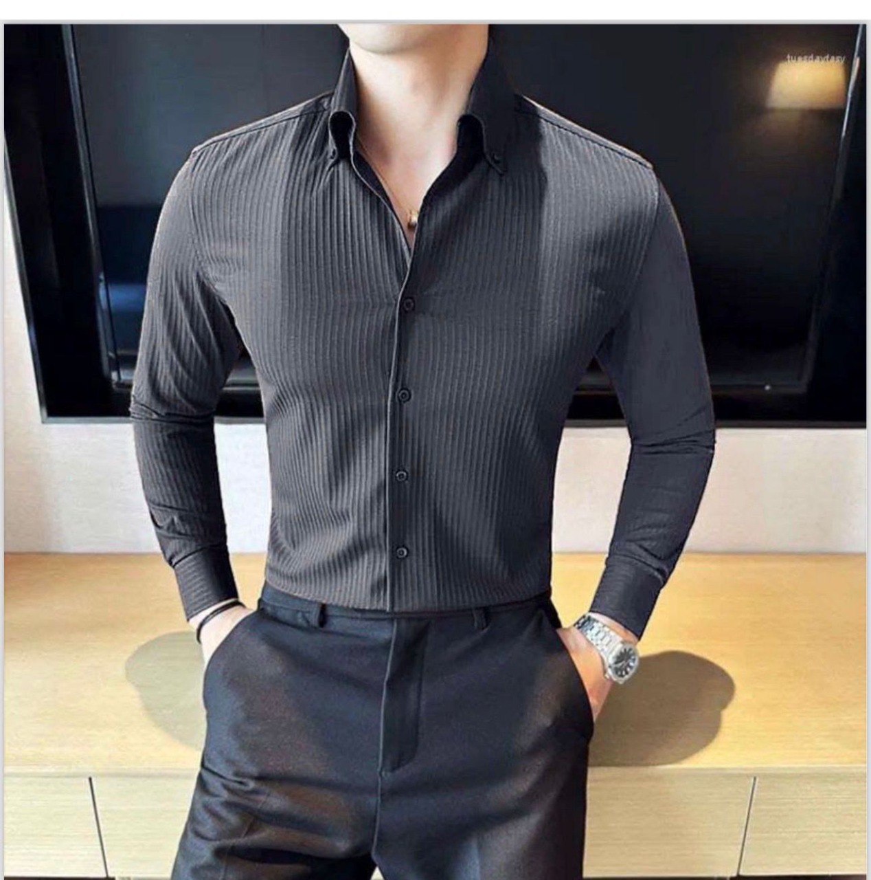 Sophisticated dark grey ribbed cotton shirt for men by TRENDBUY, a versatile wardrobe essential for any occasion