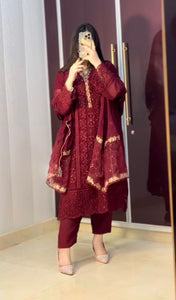 TRENDBUY Premium Maroon Faux Georgette Embroidered 3-Piece Designer Suit Set with Kimono Sleeves