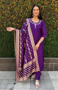 Purple Fully Hand Work Roman Silk Kurti With Pant & Dupatta Set | TRENDBUY