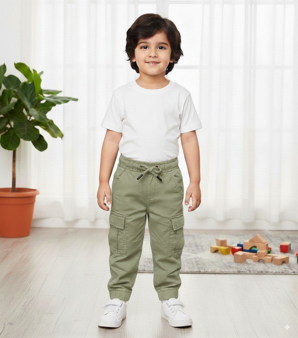 Toddler boy smiling in light pista green cotton cargo pants and white t-shirt, indoors.