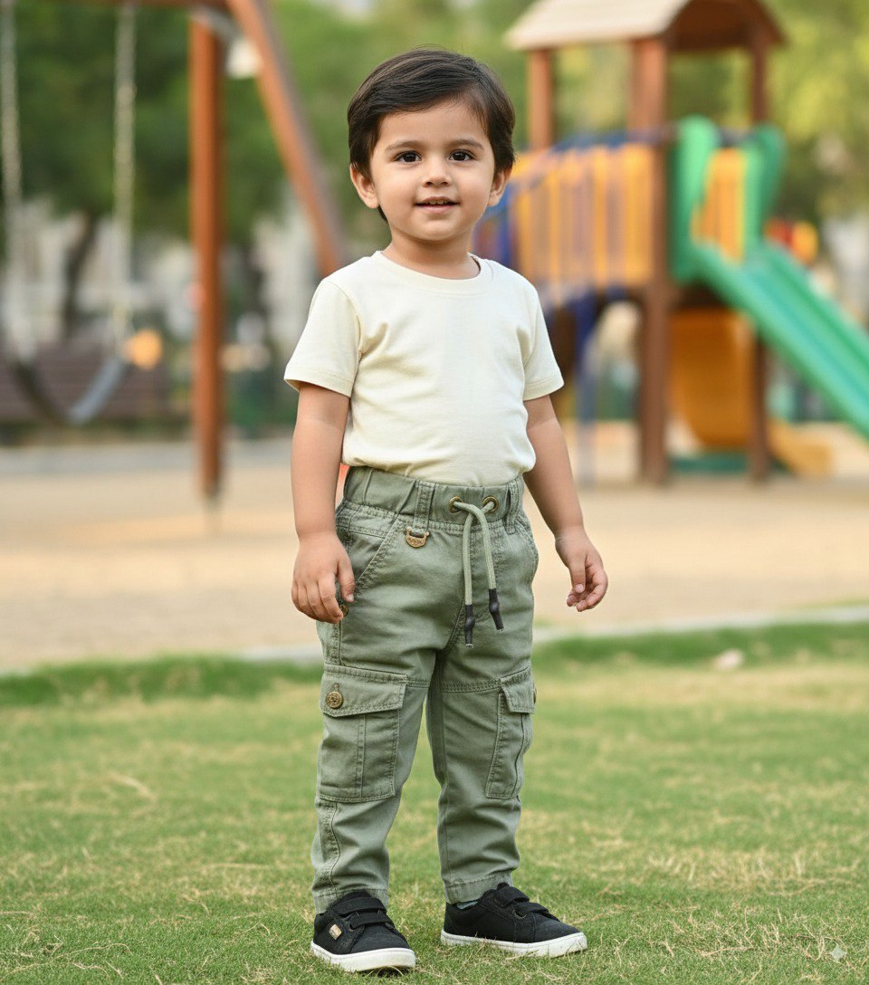 Smiling toddler boy wearing pista green cargo pants and cream t-shirt at a playground.