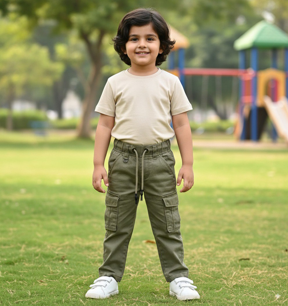 Happy young boy in pista green cotton cargo pants and light t-shirt, standing in a park.