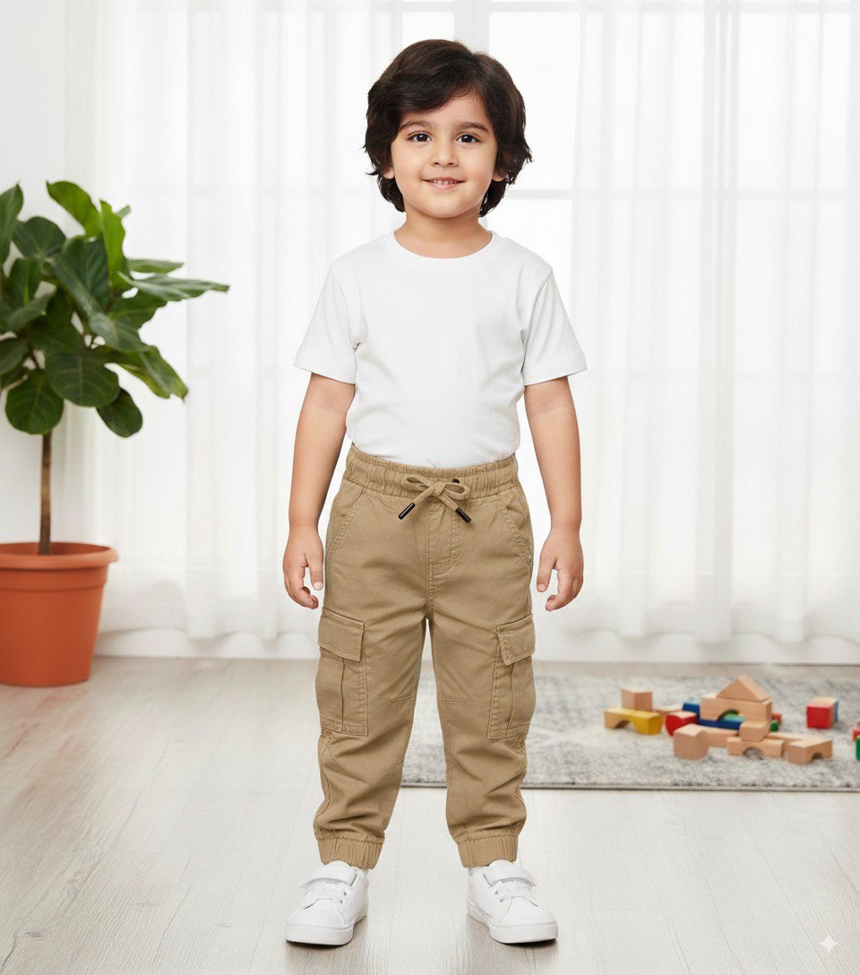Cute toddler boy in comfortable khaki-colored cotton cargo pants and white t-shirt, indoors.