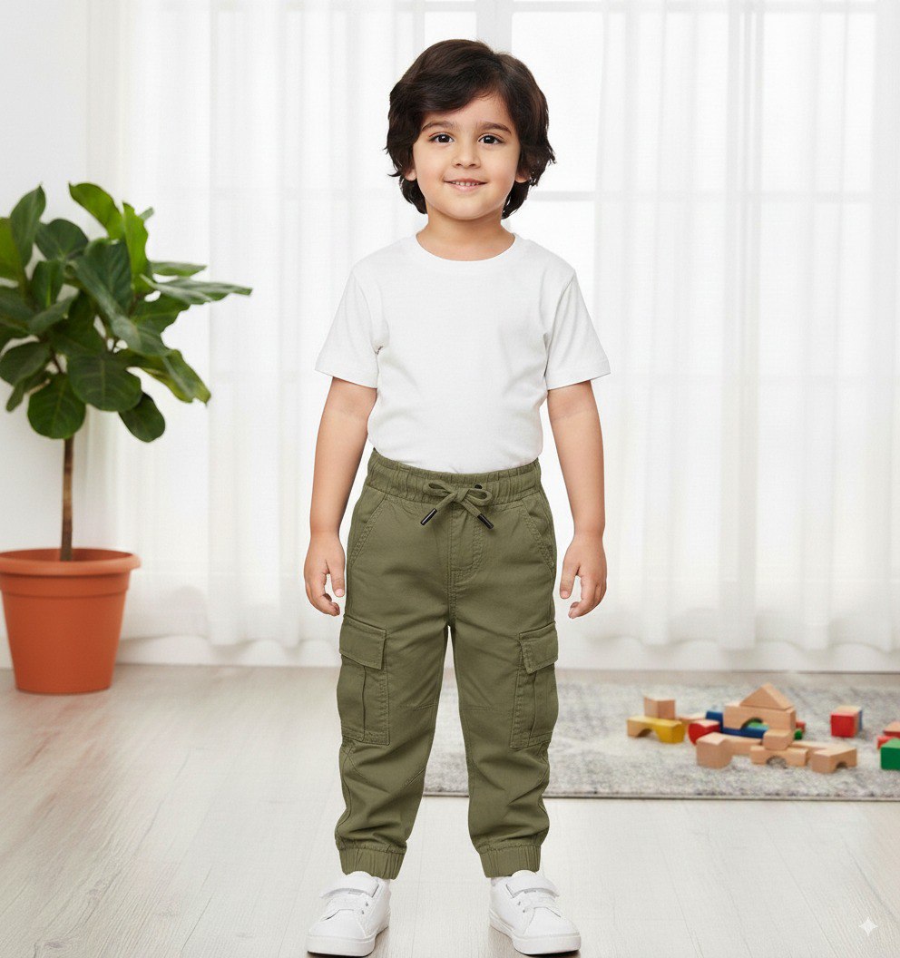 Full shot of a young boy in versatile pista green cotton cargo pants, white t-shirt, indoors.