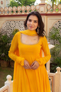 TRENDBUY Sanvi Yellow Georgette Anarkali Suit Set with Dazzling Handwork & Latkans