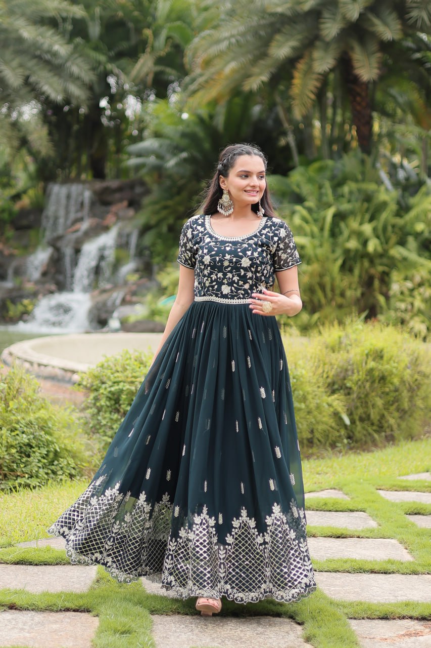Bottle Green Flaired Ethnic Gown