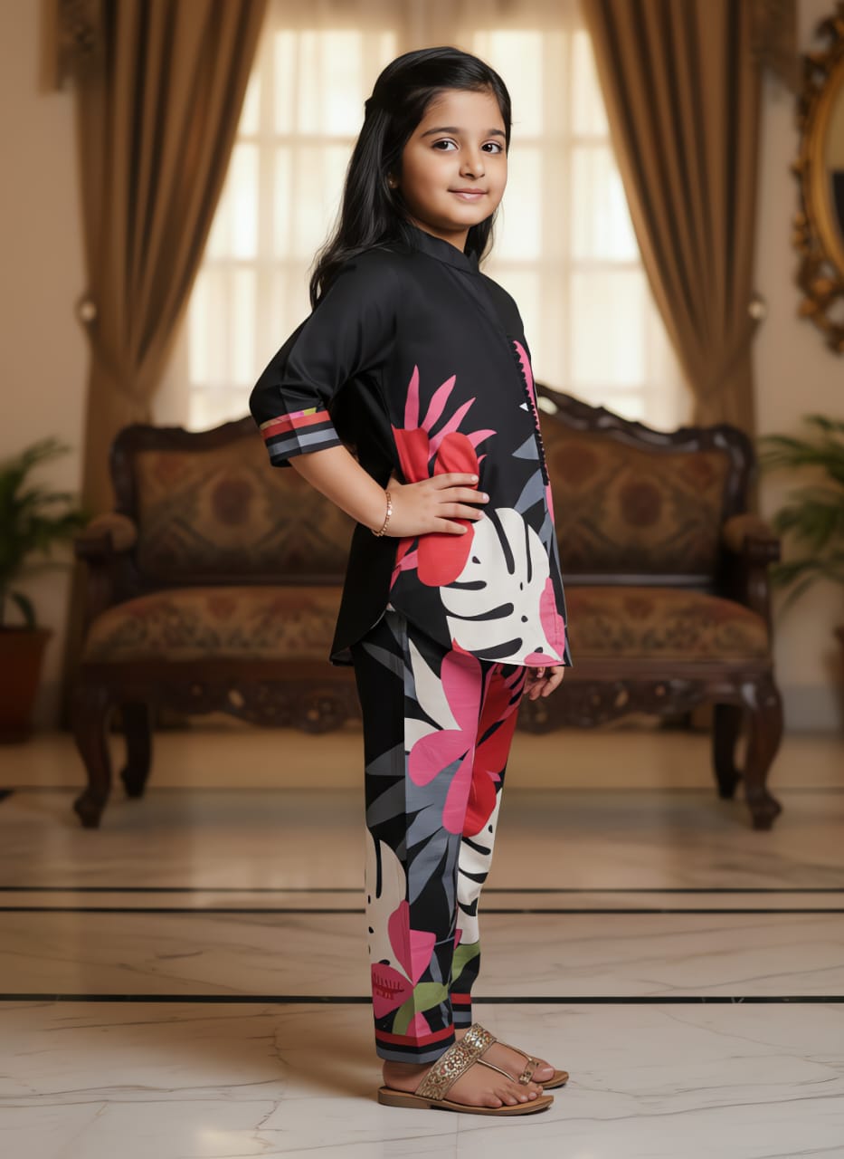 Young girl posing in a black floral printed kurta and matching pants, elegant side view.