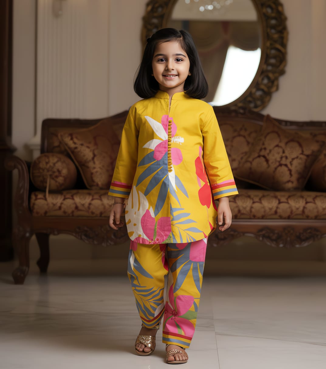 Smiling young girl walking towards the camera in a vibrant yellow floral printed kurta and matching pants.