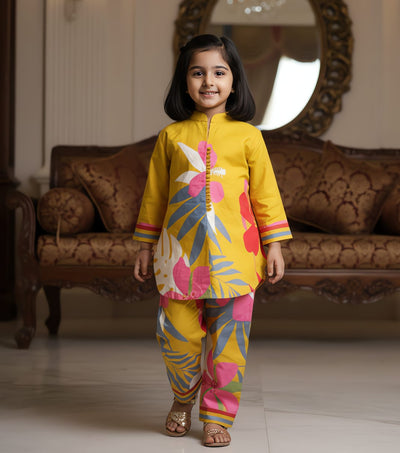 TRENDBUY Kids Girls Floral Co-ord Set - Soft Cotton Kurta & Pant