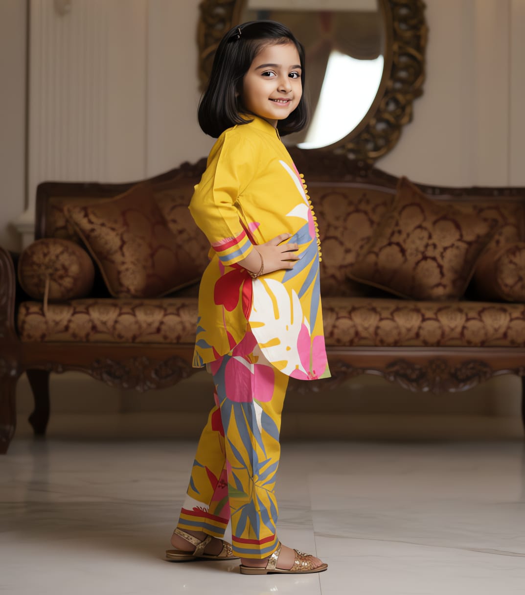 Young girl striking a pose, side view, in a cheerful yellow floral printed kurta and matching pants.