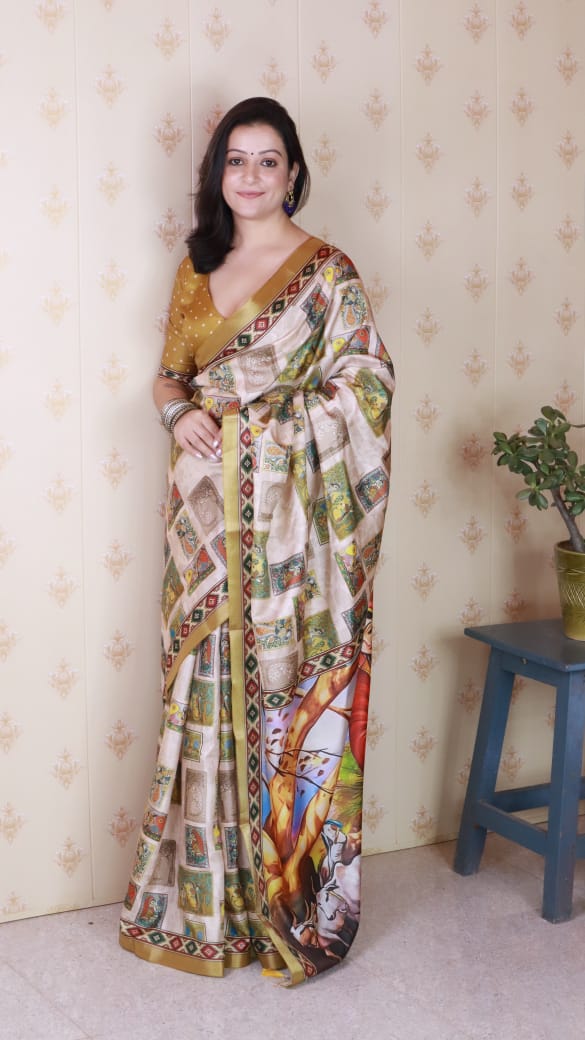 Full shot of model wearing the beige Tussar silk saree with gold polka dot blouse and multi-panel digital print designs.