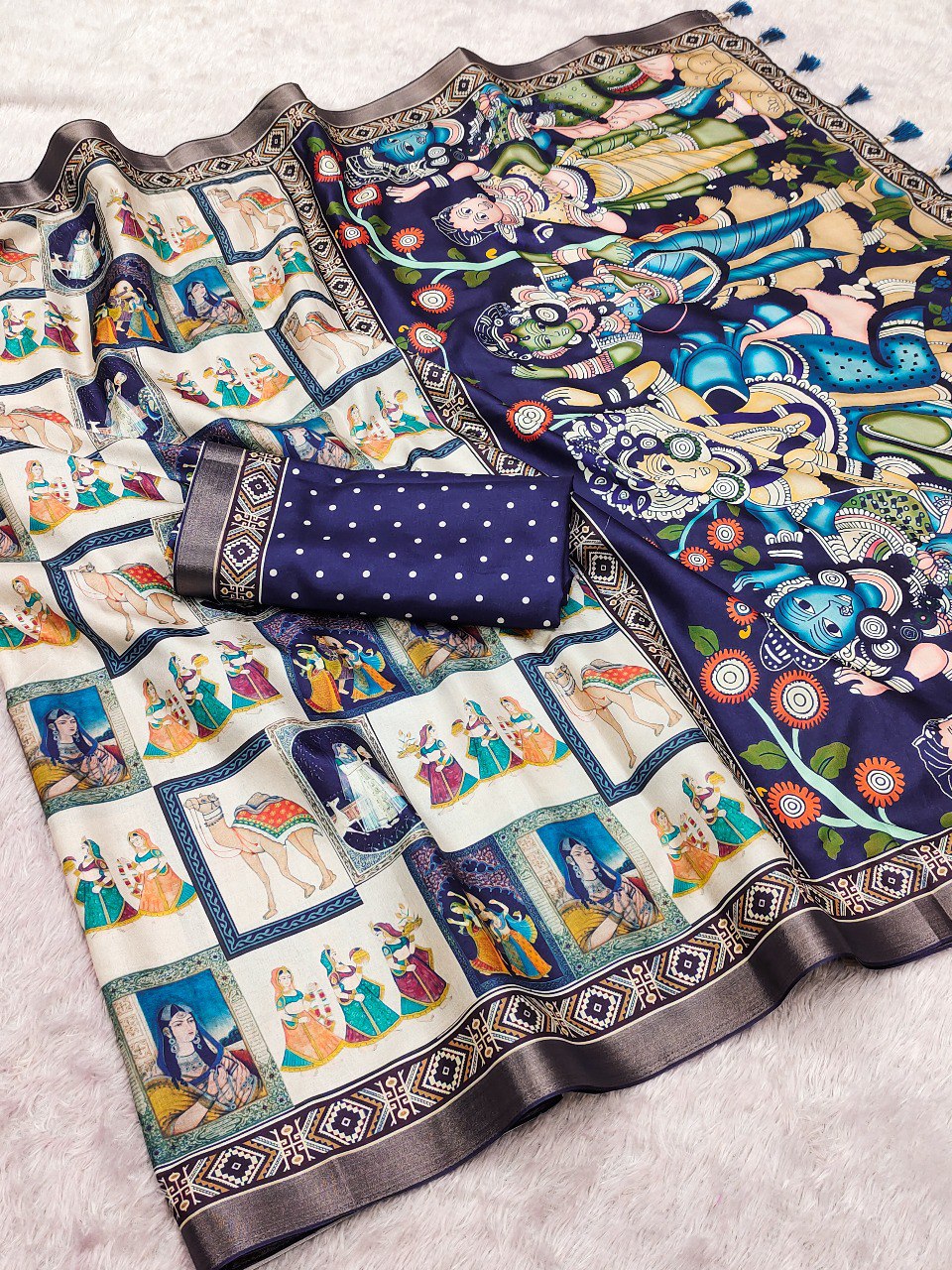 Flat lay of the Sapphire Charm Tussar silk saree with traditional digital prints and matching polka dot blouse.