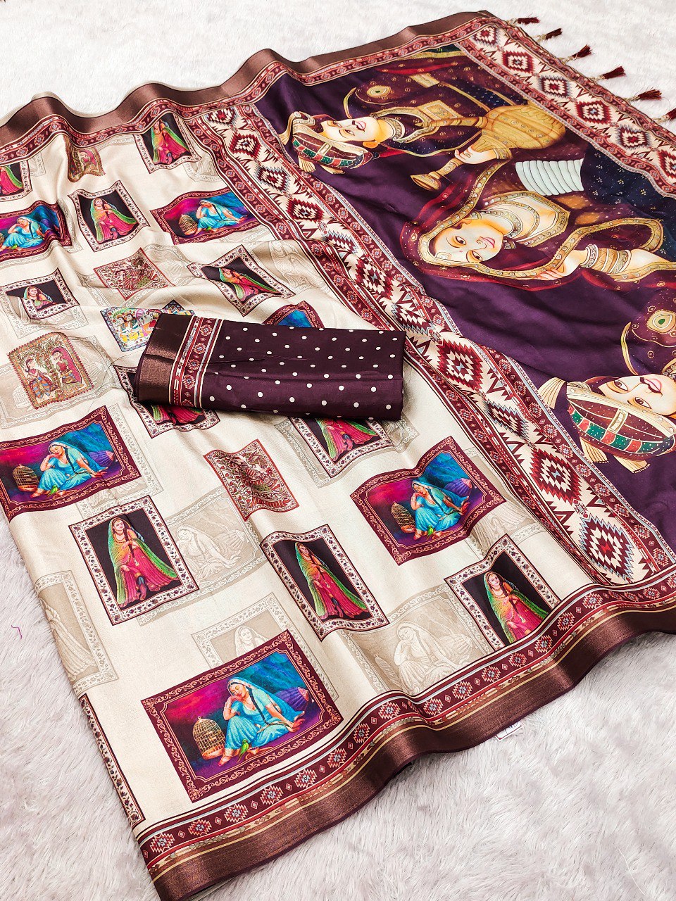 Flat lay of the Maroon Majesty Tussar silk saree with traditional digital prints and matching polka dot blouse.