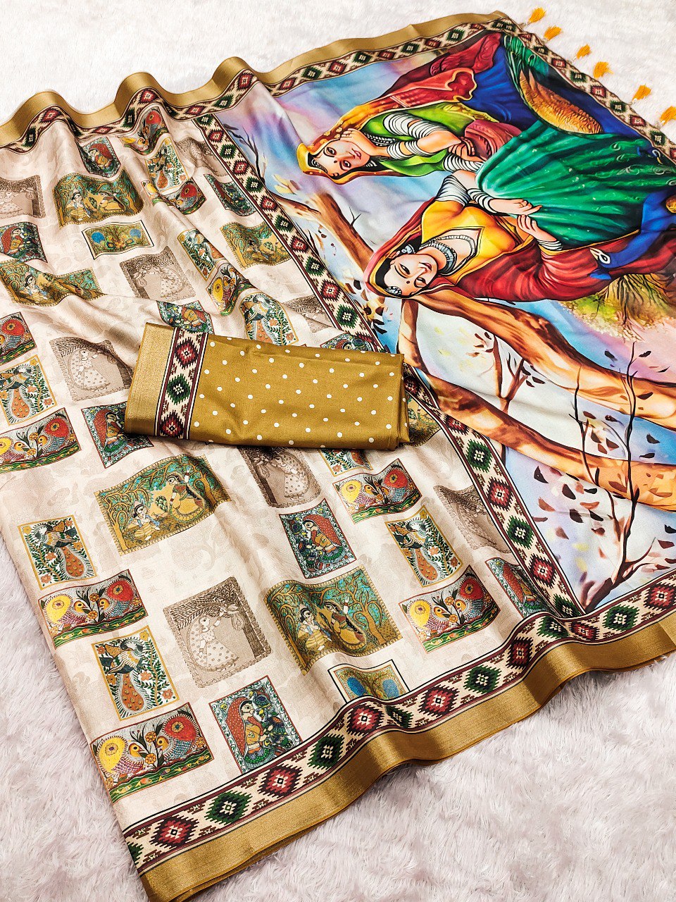 Flat lay of the Gold Accent Tussar silk saree with large figure digital print pallu and gold polka dot blouse.