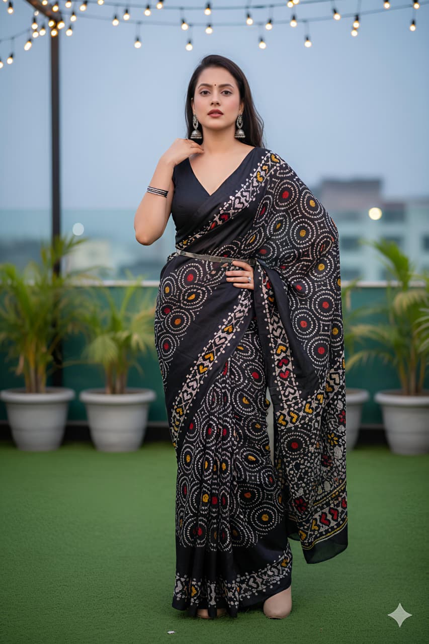 Model showcasing a black dola silk saree with circular batik print, under festive string lights.