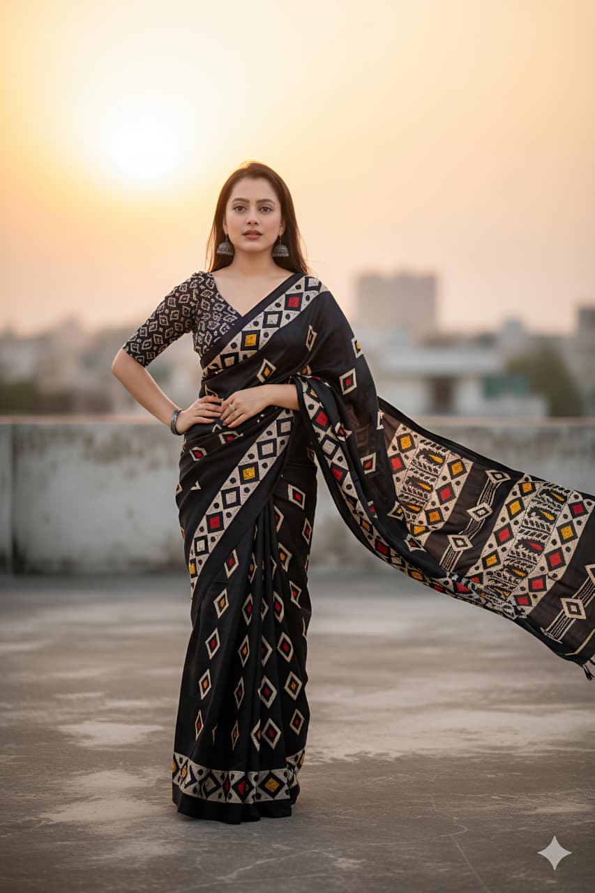 Model posing in a black dola silk saree with geometric batik patterns, against a sunset cityscape.