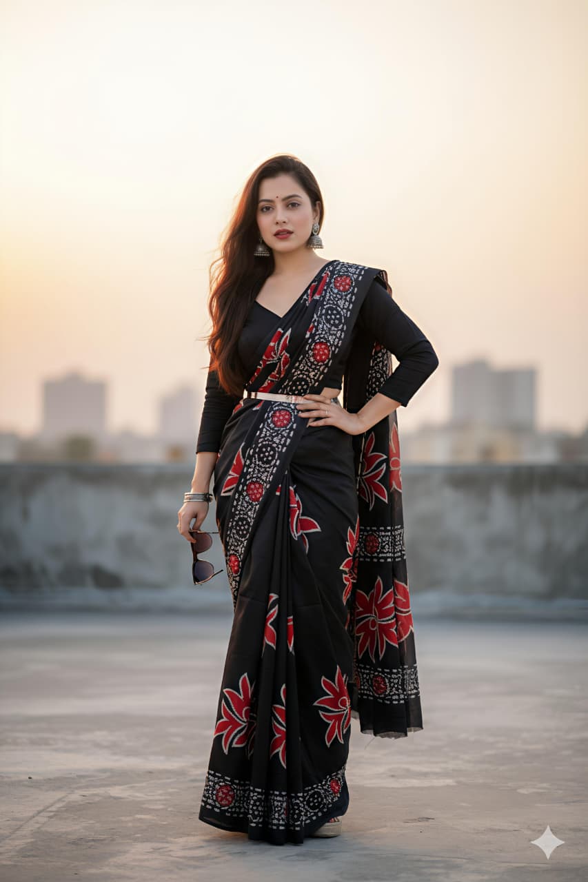 Stylish model wearing a black dola silk saree with vibrant red floral batik designs and a black long-sleeve blouse.
