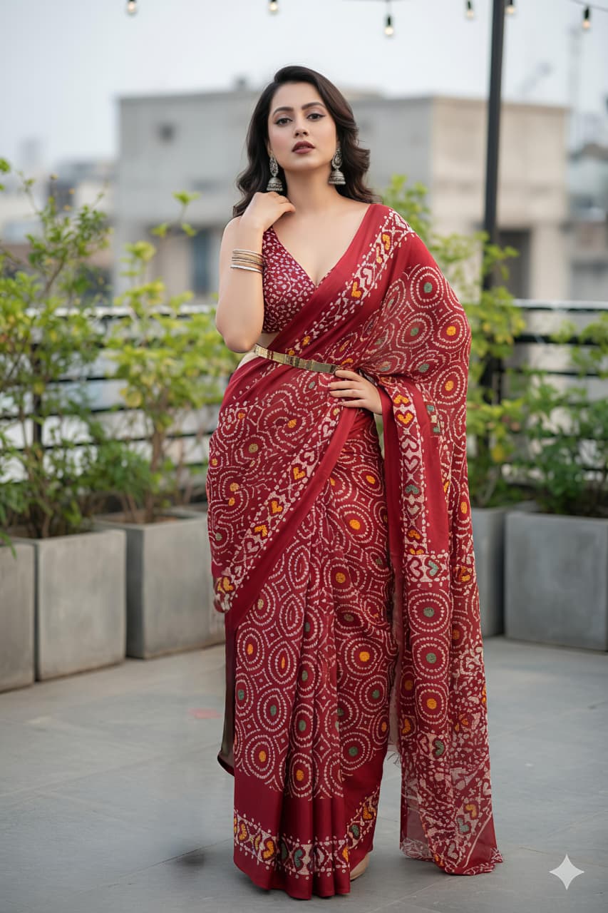 Elegant model draped in a red dola silk saree featuring a circular batik print, outdoors.